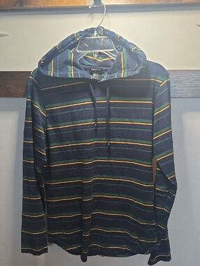 Forever 21 Men’s Navy Hooded Long-Sleeve with Green & Yellow Stripes